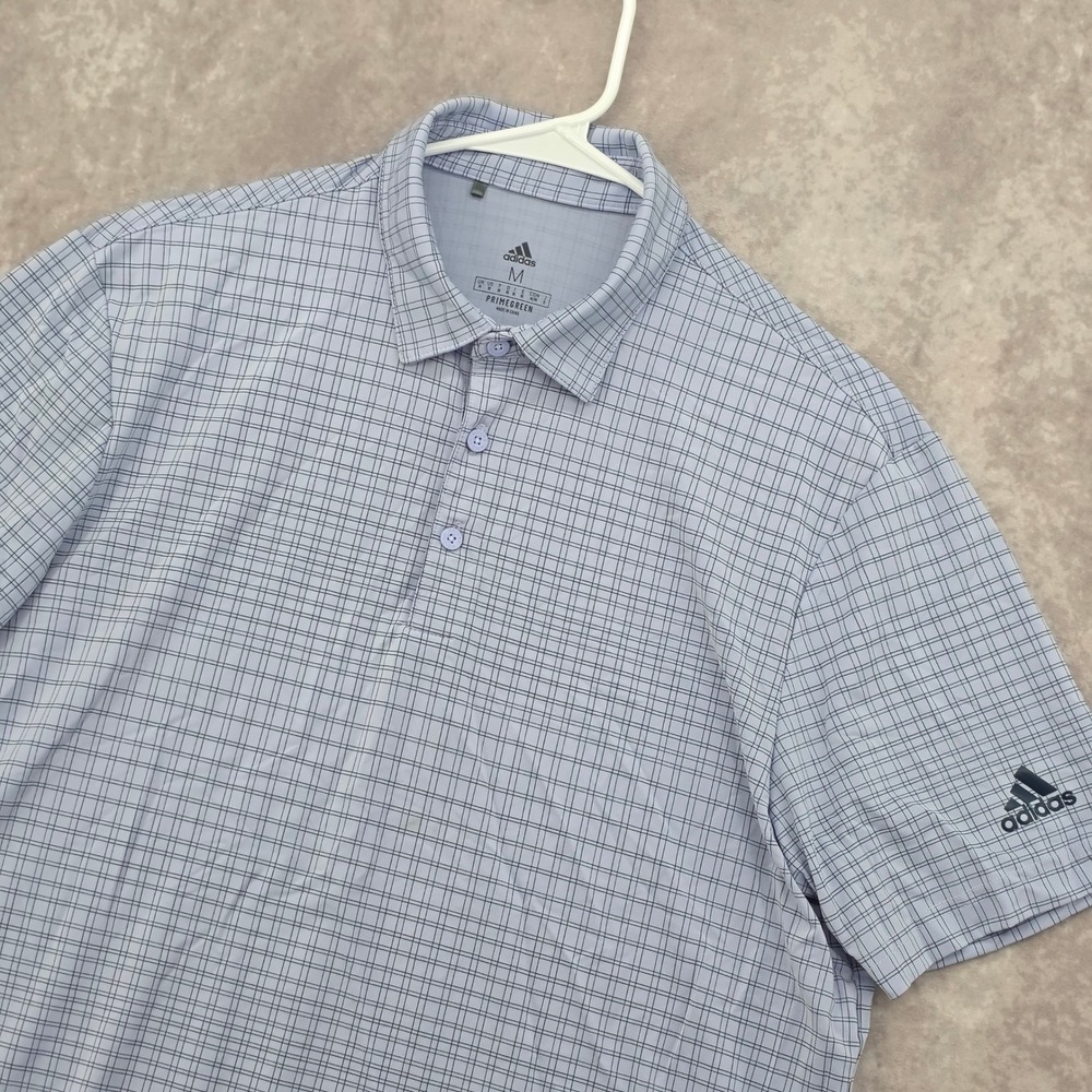 Adidas Primegreen Golf Polo Shirt Mens Medium Blue Grid Plaid Performance Logo